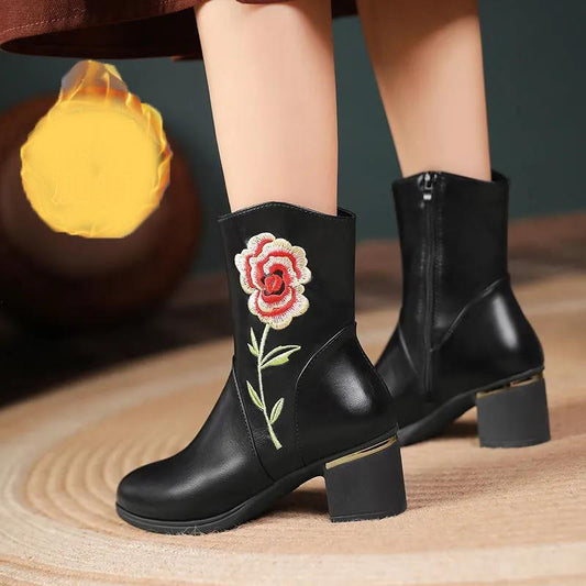Autumn and Winter Ethnic Embroidered Shoes Plus Velvet Women's Short Boots Thick Heel Warm Women's Cotton Shoes