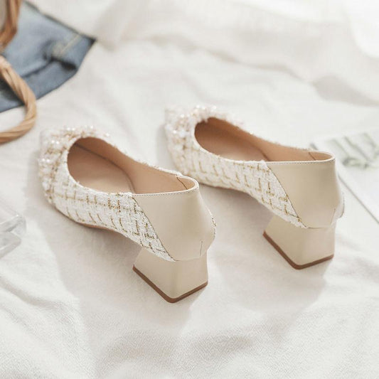 Pointed Shallow Mouth Gentle Shoes Thick Heel Small Fragrant Style Single Shoes Women's Mid-heel Pointed High Heels Pearl Fabric High Heels