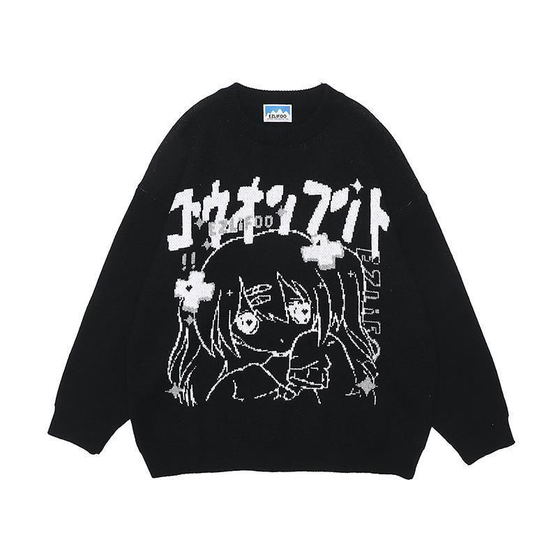 Women Sweater Anime Knitted Jumper White Black Pink Pullover Sweaters Fashion Autumn Winter Lady Knitwear Top Clothes