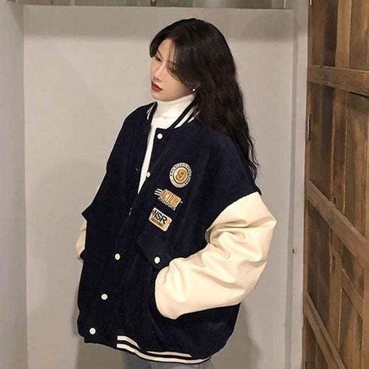Contrasting Color Stitching Baseball Uniform Women Spring and Autumn Loose Korean Style Retro Jacket Jacket Trend
