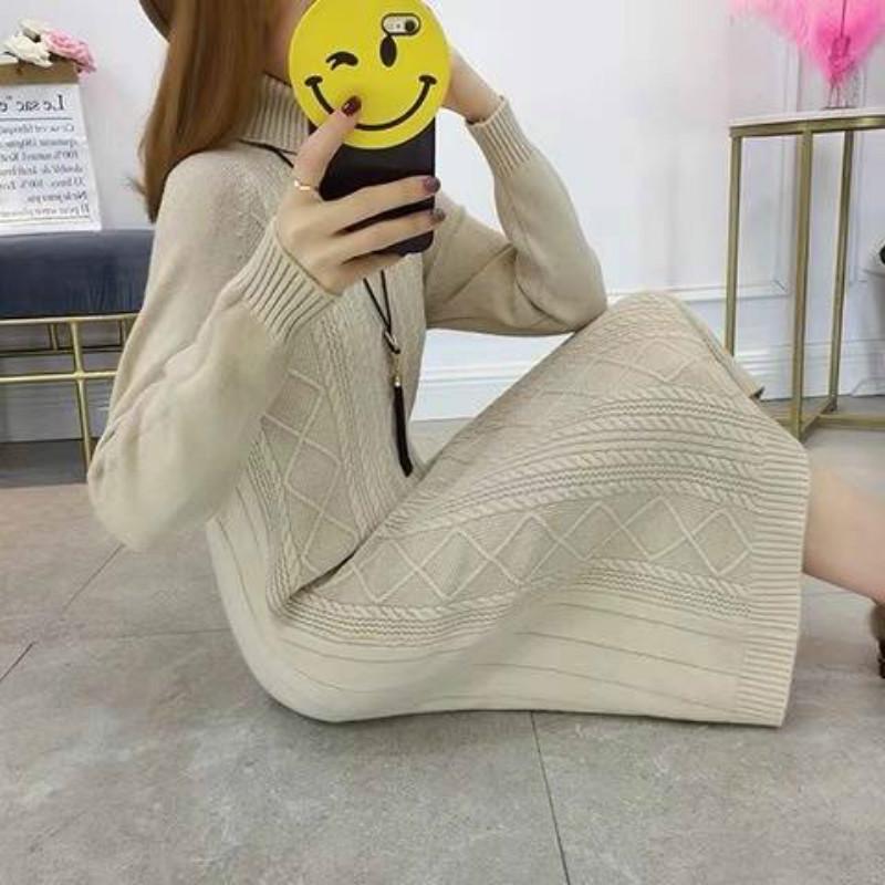 Pofulove Winter High-neck Long Over-the-knee Split Sweater Skirt Women Loose Thick Bottoming Shirt
