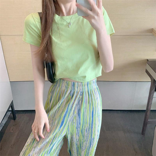 Summer Suit Women's Round Neck Short-sleeved T-shirt Loose Straight Wide-leg Pants Two-piece Casual Sports Suit Home Service