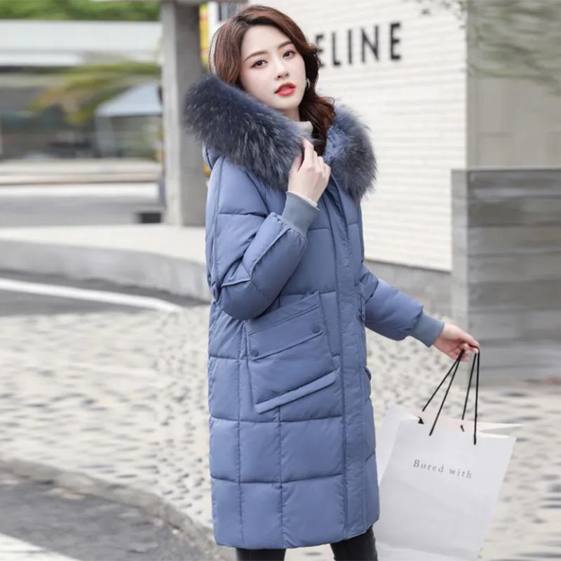 Women's Solid Color Down Jacket Mid-length Korean Loose Thick Coat Warm Cotton Coat Big Fur Collar Winter Clothes Quilted Coat