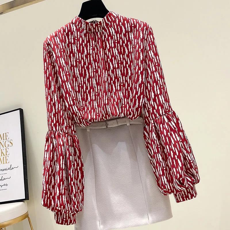 Floral Chiffon Puff Sleeve Top Thin Chiffon Shirt Women's Loose Casual Top Stand Collar Long Sleeves