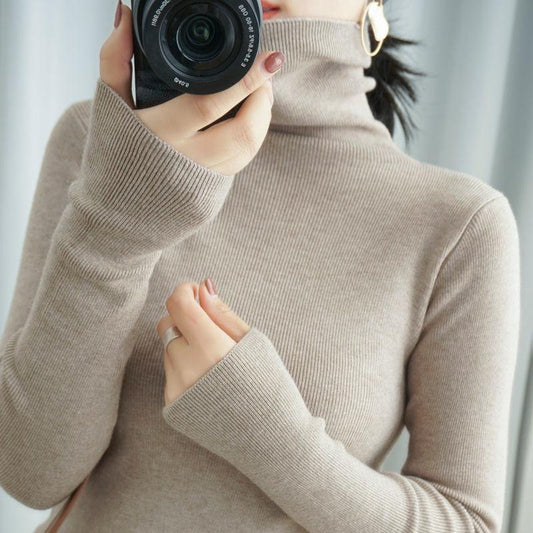 Autumn and Winter New Pile High-neck Woolen Ladies Slim Tight-fitting Long-sleeved Sweater Base Sweater