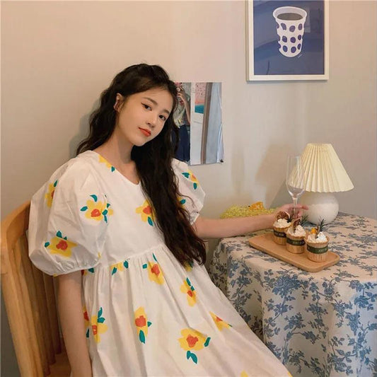 Women's Summer Long Dress Puff Sleeve Floral V-Neck A-Line Dress