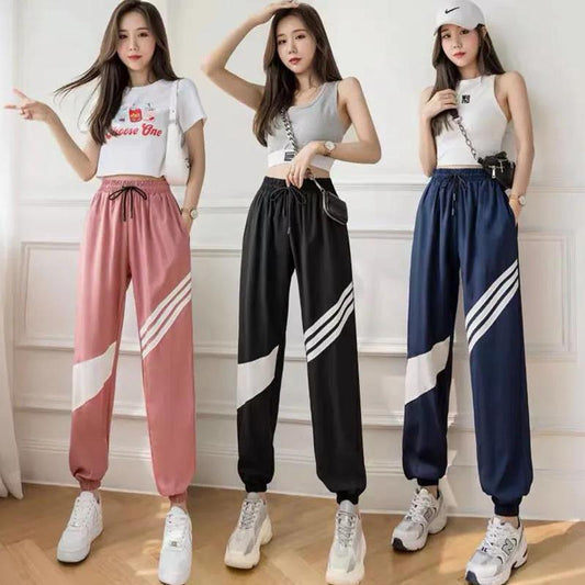 Ice Silk Sports Pants Women's Summer Thin Striped High Waist Loose Quick-drying Running Yoga Casual Tide Beam Leg Harem Pants
