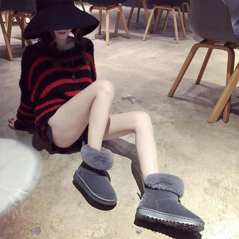 Snow Boots Women's Thick Furry Shoes Winter Cotton Shoes Women's Flat-heeled Mid-tube Boots Ankle Boots