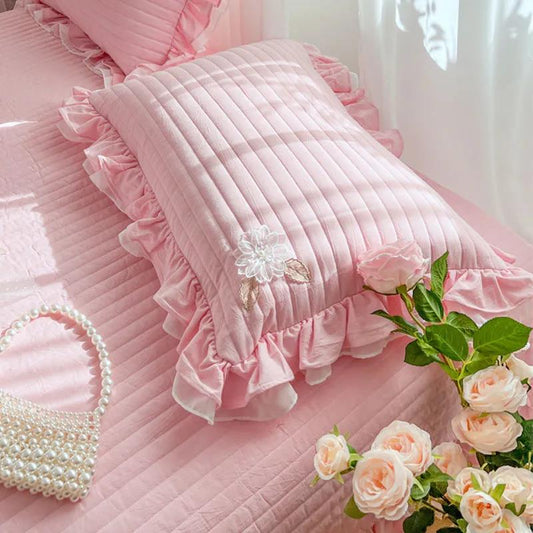 Korean Version Lotus Leaf Edge Cotton Solid Color Pillow Cover Princess Style Lace Lace Pillow Core Cover 48*74Cm