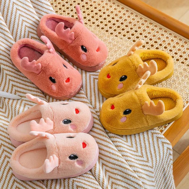 Autumn and Winter Cotton Slippers Children’s Cute Antler Slippers Non-slip Warm and Comfortable