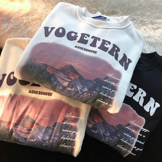 Autumn and Winter New American Retro Trend National Tide Landscape Printing Couple All-match Loose and Lazy Wind Round Neck Sweater