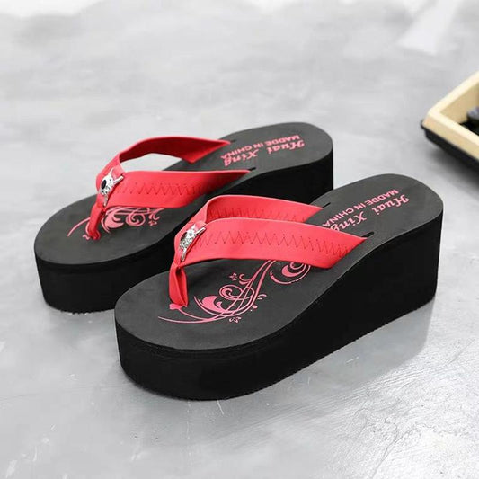 Thick-soled Flip-flops Women's Summer Home Non-slip Outer Wear High-heel Sandals and Slippers Rubber Soles Are Light and Soft