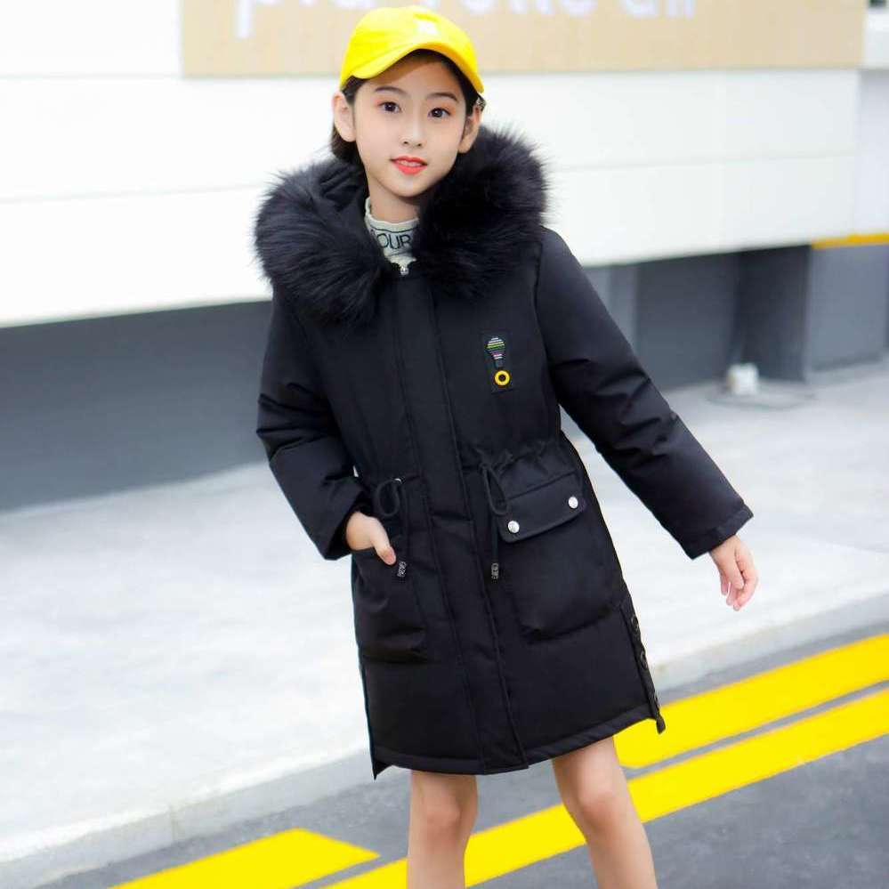 Girls' Warm and Windproof Cotton Clothes Mid-length Plus Velvet Thickened Children's Clothing