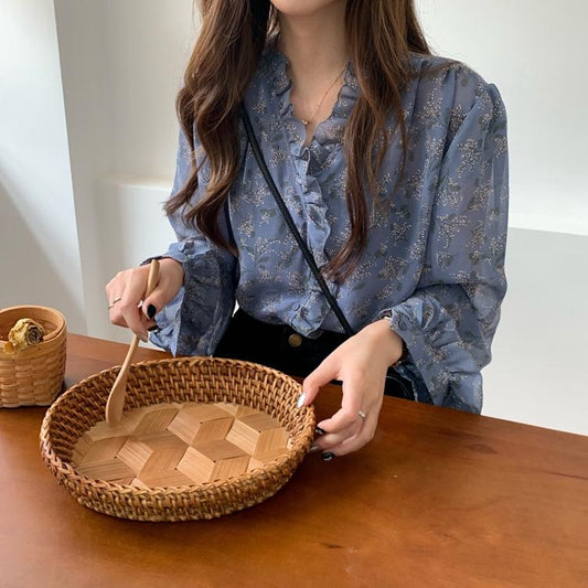 Korean Ladies Ladies Chiffon Floral Long Sleeve Shirts Women Long Sleeve Shirts