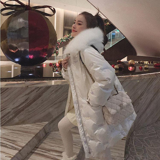 Fluffy Big Fur Collar Disposable Sequins Shiny Down Padded Jacket Women Mid-length Thick Loose Bread Coat Warm Cotton Coat Jacket Women