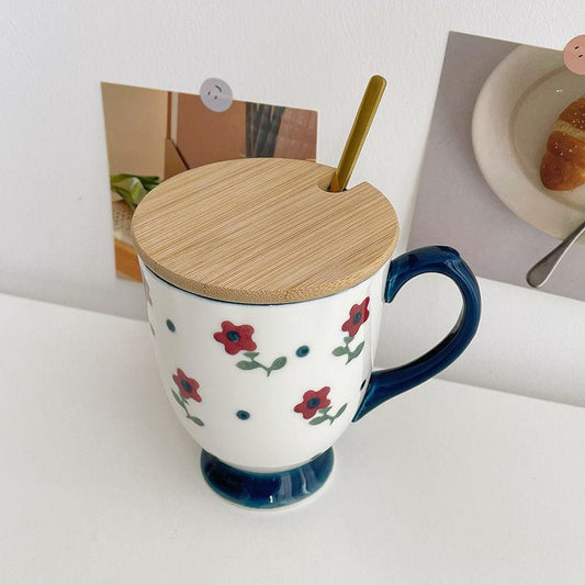 Japanese Retro Personality Hand-painted Small Red Flower Fresh Ceramic Mug Coffee Cup Water Cup with Bottom Holder