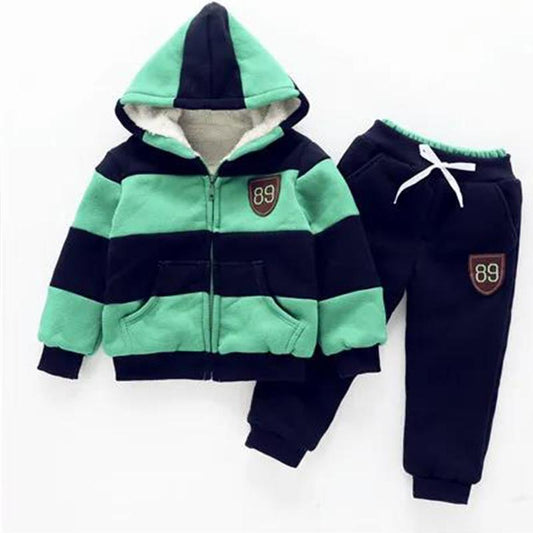 Boys and Girls Winter Plus Velvet Thick Sweater Cotton-padded Clothes Suit Children's Two-piece Printed Hooded Warm Cotton Clothing