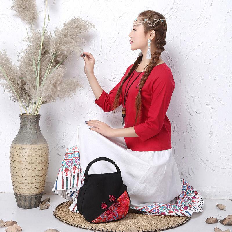 Ethnic Style Women Printing Handbag Messenger Dual Purpose Exquisite High Quality Elegant Stitching Color Cotton and Linen