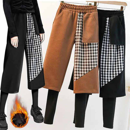 Plus Size Women's Autumn and Winter Look Thin Fake Two-piece Leggings Plus Velvet Thick Fat Sister Plaid Woolen Wide-leg Pants