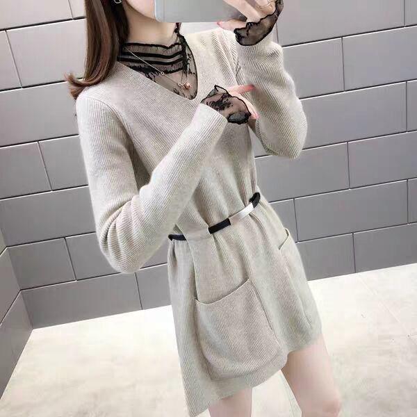 Autumn and Winter Fake Two-piece Mid-length Sweater Women Loose Waist Bottoming Sweater Skirt Lace Collar
