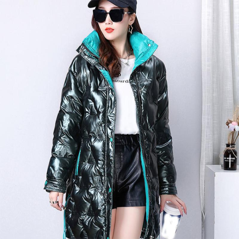 Women's Winter Korean Loose Quilted Coat Warm Stand-collar Down Jacket Women's Glossy Mid-length Down Jacket
