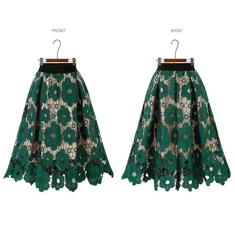 Summer Elegant Hollow Flower Embroidered Lace Skirt Large Size Women Vintage A-line Skirt Exquisite Retro Mid-length Lace Tulle Mesh Skirt