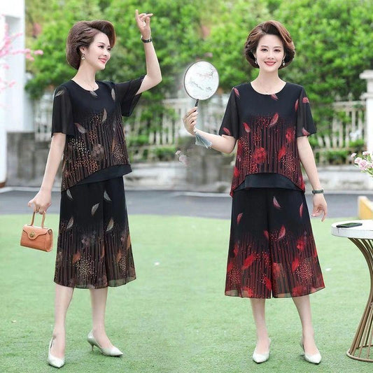 WTEMPO Spring and Summer Women's Plus Size 2pcs Chiffon Shirt Pants Suit Short Sleeve Loose Casual Two-piece Set