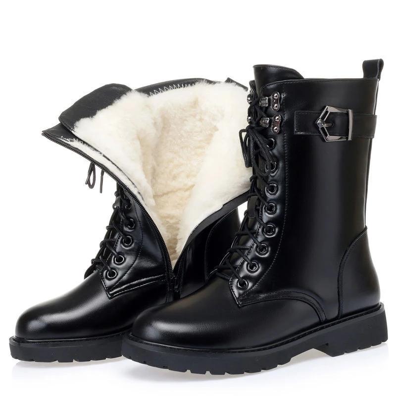 Genuine Leather Wool Fur Boots 35-43 Women Winter Shoes Black Ankle Booties Warm Platform Chunky Boots Fashion Flats