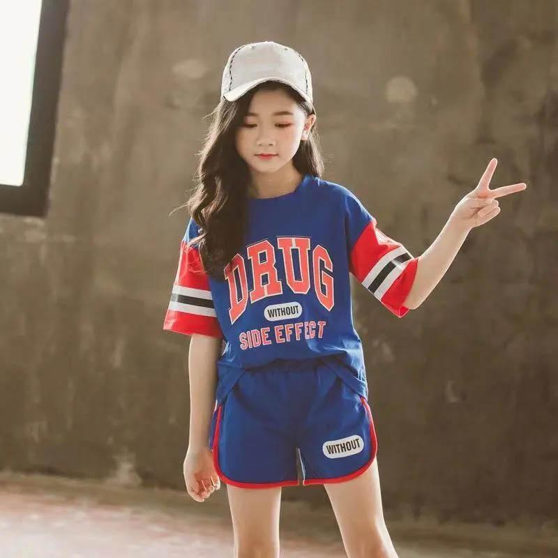 Girls Sports Suit Summer Casual Sweat-absorbing Breathable Short-sleeved Shorts Loose Cool Printing Sports Two-piece Set