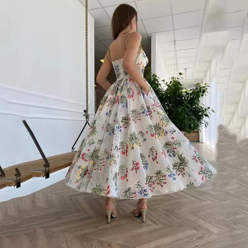 Suspender Printing Dress Women Summer Sexy Waist Cross Belt Backless Suspender Dresses