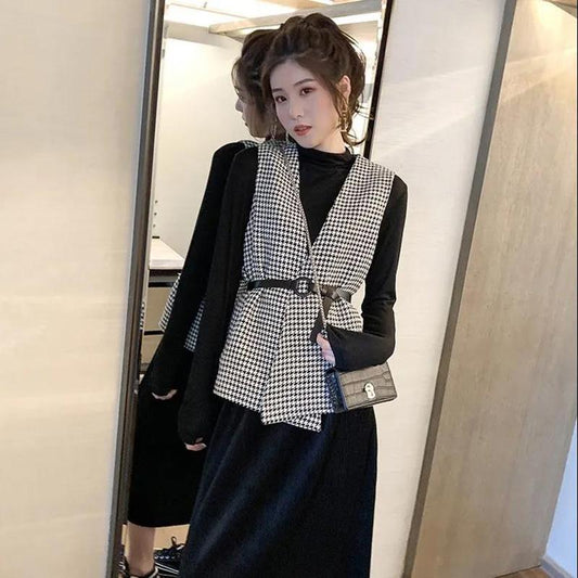 Houndstooth Women's Vest Sleeveless Spring and Autumn Casual Coat Waistcoats with Belt