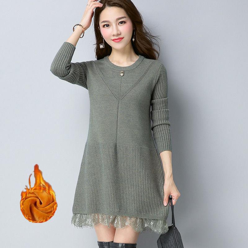 Plus Thick Autumn and Winter Sweater Women Loose and Warm Mid-length Bottoming Shirt Round Neck Knitted Lace Sweater Dress