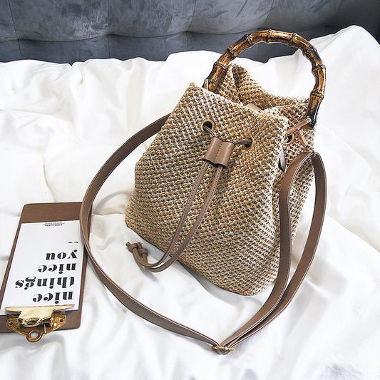 Handbag Women's Straw Woven Bucket Bag Summer Travel Beach Shoulder Messenger Bag