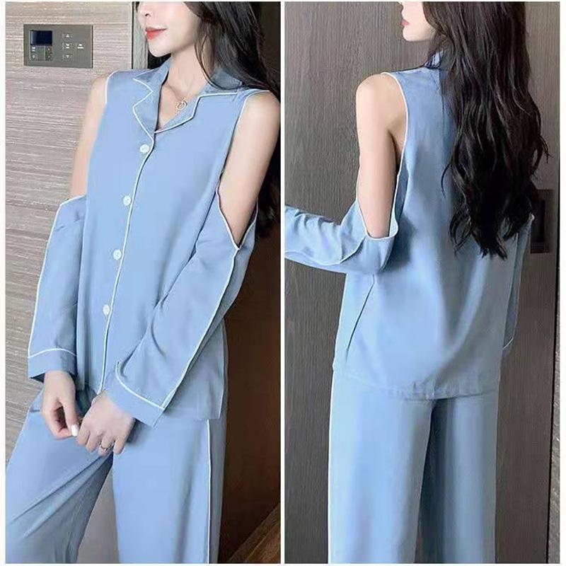 Women's Ice Silk Sexy Off-the-shoulder Long-sleeved Pajamas Set Spring Thin Lapel Loose Home Wear Suits Solid Comfortable Sleeping Suit
