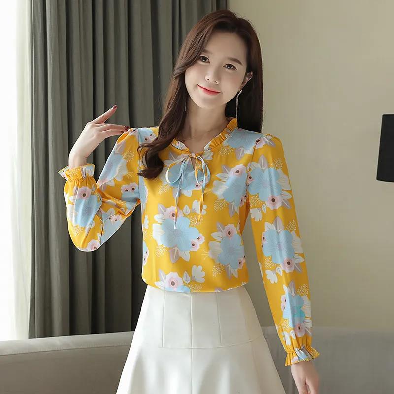 Women's Spring and Autumn Chiffon Lace Shirts Long Sleeves Round Neck Loose Printed Tops