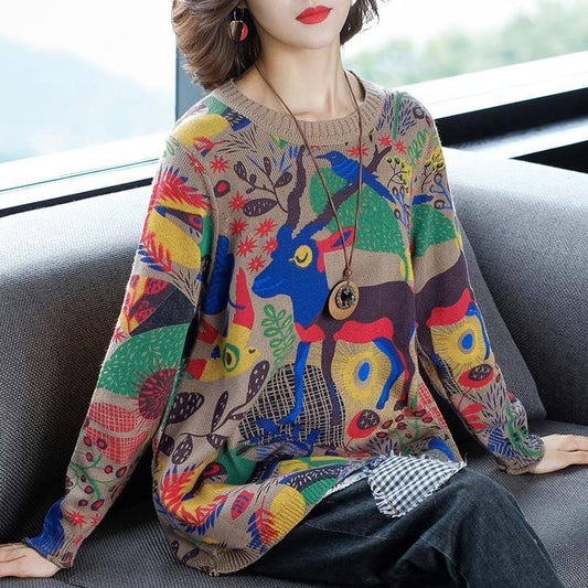 Oversized Women's Pullover Sweater Autumn Winter Loose Printed Knitted Sweater Bottoming or Outer Wear