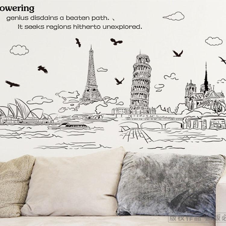 Simple Style Pen Painting Architectural Style Building Wall Stickers City Landscape Wallpaper