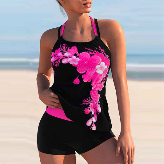 Plus Size Bikini Print Split Boxer Swimsuit Floral Cross Straps Suspender Set