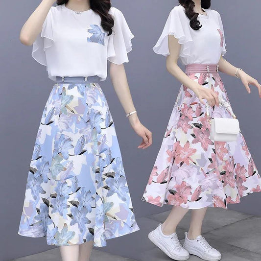 Women's Summer Clothing Set Elegant Butterfly Sleeve Chiffon Top High Waist Printed A-Line Hip Dress Two Piece Set Summer Plus Size Beach Dress Suit