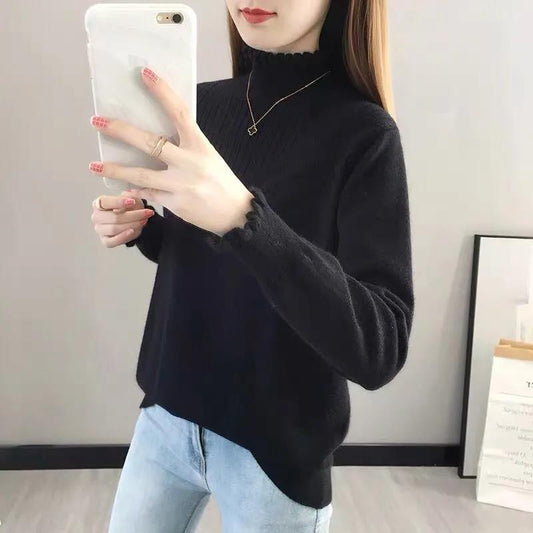 Ladies Outerwear Half Turtleneck Bottoming Sweater Fashion Lace Cuff Sweater Solid Color Thickened Plus Size Sweater
