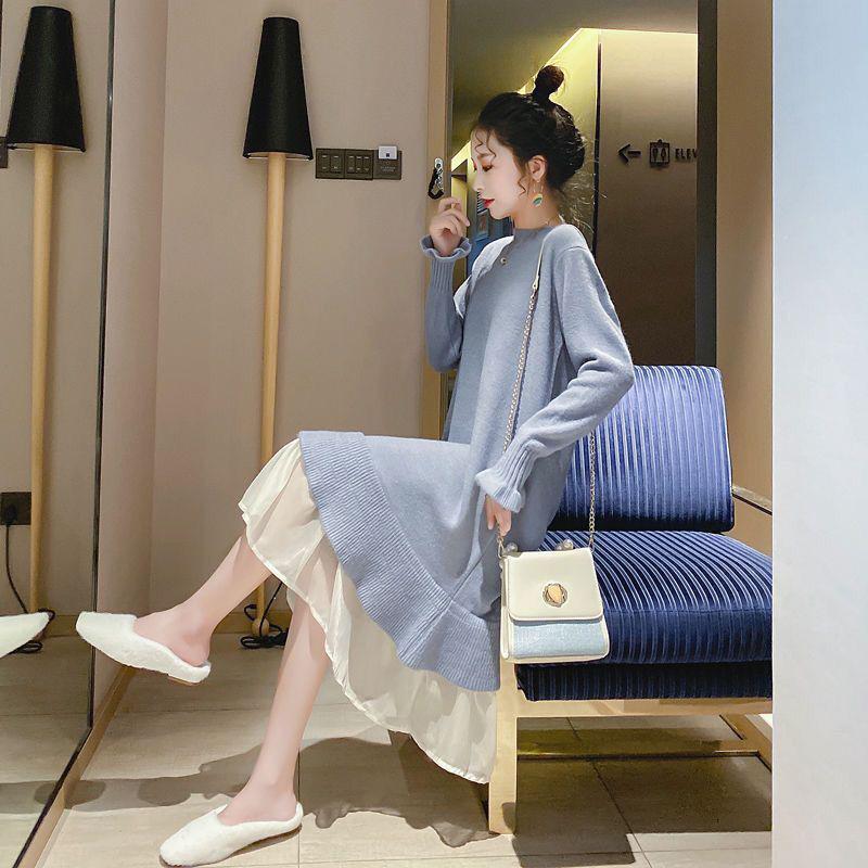 Mid-length Sweater Dress with Ruffled Sleeves Over The Knee Wear Lazy Winter Skirt Loose Padded Dress Women's Solid Color Inner Sweater