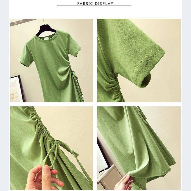 Ladies Mid-length Round Neck Slim Base Short Sleeve Loose and Casual Solid Color Roped Drawstring Dress