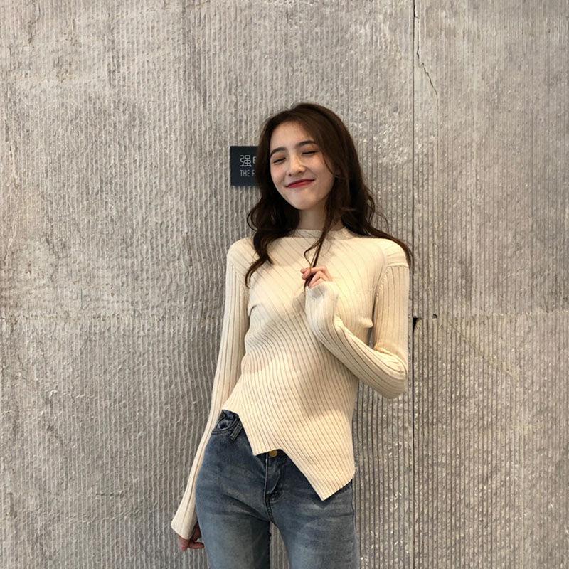Pofulove Shirt with Irregular Sweater Women's Fashion Slim Long-sleeved Women Knitted Bottoming