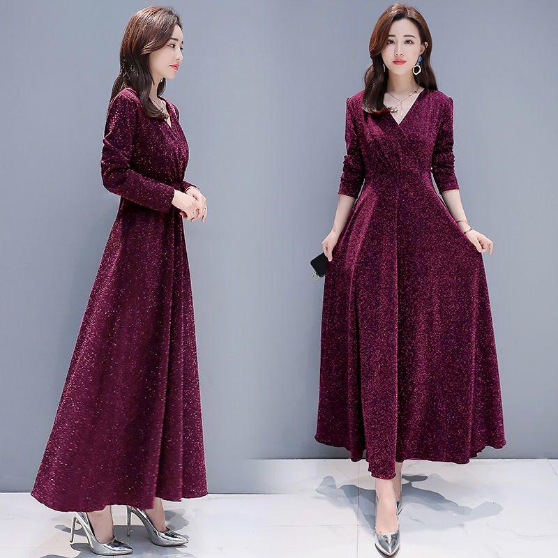 Women Elegant Bright Silk Dress V-Neck Female Casual Solid Long Sleeve Pleated Vintage Dress