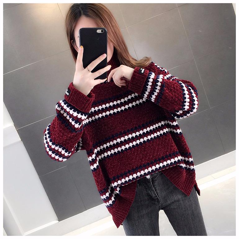 Pofulove Women stripe Turtleneck sweater pullover winter pleuche sweater Knit Long Sleeve jumper