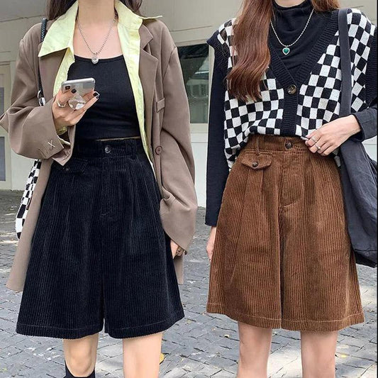 Corduroy Five-point Shorts Women's Autumn and Winter Casual Pants Loose Retro Coffee Color A-line Wide-leg Pants