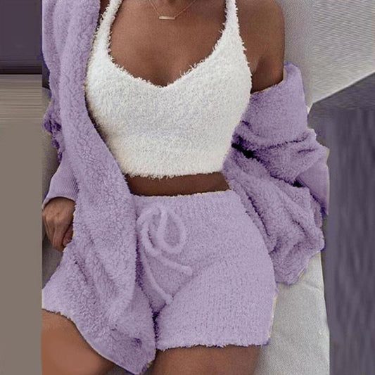 Women's Winter Plush Homewear Leisure 3-piece Pajamas Set Long-sleeved Vest Shorts Sports Suits Outerwear Suits