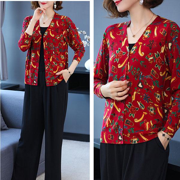 Autumn Winter Women's Knitted Sweater V-neck Printing Cardigan Short Plus Size Cardigan Woolen Sweater Coat