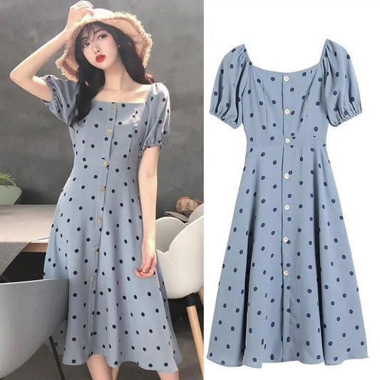 Chiffon Polka Dot Dress Women's Short Sleeve Square Neck Daily Dating Party Office Wear A-line Sun-dress