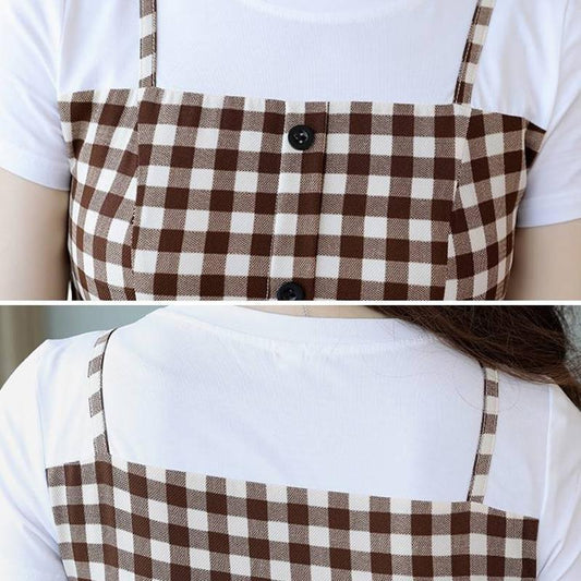 Plaid Dress Female Summer Over The Knee Suspender Skirt Waist Small Fresh A-line Skirt Waist Slimming Round Neck Short-sleeved Simple Dress